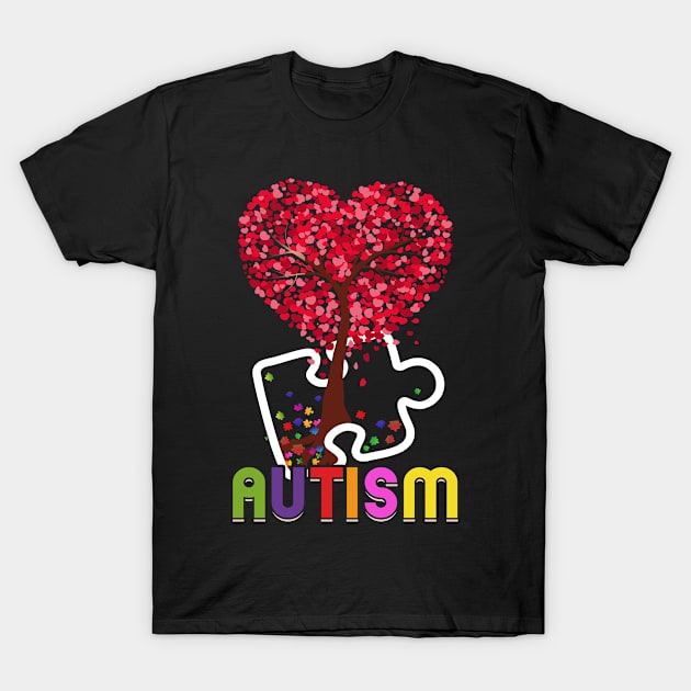 Lovely Autism Tree with colorful heart and puzzle Art Tee T-Shirt by Norine Linan 